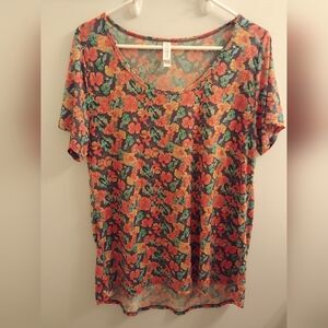 LuLaRoe Orange and Green Floral Short Sleeve Top Size L